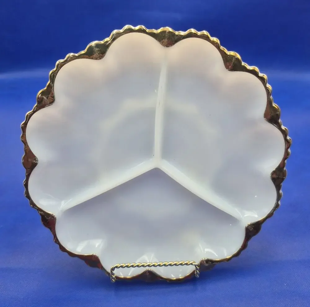 Vtg Anchor Hocking Milk Glass Divided Relish Dish Gold Trim Scalloped Rim 10